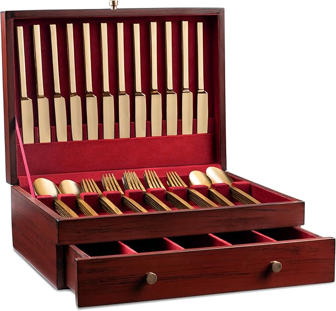Royalty Art Red Tarnish-Free Silverware Storage Box with Pull-Out Drawer, 15" x 11" Large Flatware and Utensil Organizer for Kitchen Counter, Elegant Home Décor for Dining Room (Flatware Not Included)
