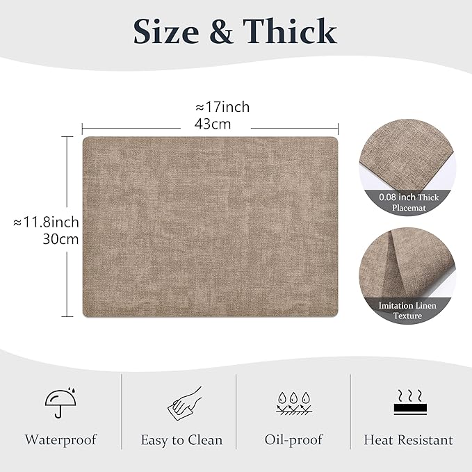 FROMHEART Faux Leather Placemats Set of 12–Waterproof,Heat/Oil Stain-Resistant PU Table Mat–Reversible,Non-Slip,Easy to Clean Place Mats for Kitchen,Dining,Indoor/Outdoor,(Light Coffee,11.8" x 17")