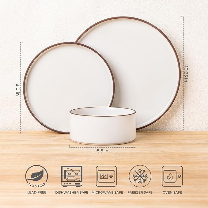 LERATIO Ceramic Dinnerware Sets for 4, High Edge Stoneware Plates and Bowls Set, Chip and Crack Resistant | Oven & Dishwasher & Microwave Safe Dishes Set, Service for 4 -Vanilla White