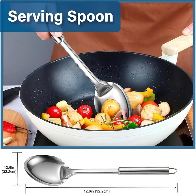 Large Cooking Spoon and Pasta Fork Set, 2 Pack Stainless Steel Serving Spoon, Heat Resistant Kitchen Noodle Spoon for Cooking, Serving, Mixing and Spaghetti