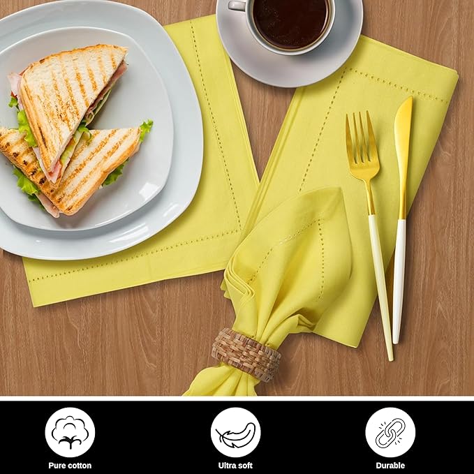 Bedding Craft Hemstitched Cotton Cloth Dinner Napkins Set of 12 – 18x18 Golden Kiwi – Reusable Machine Washable Fabric Napkins for Weddings, Thanksgiving, Christmas & Events