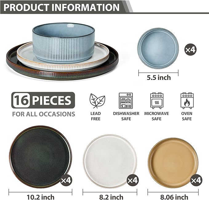 LIANYU Dinnerware Stoneware Sets with Pasta Bowls, 16 Piece Plates and Bowls Set for 4, Ribbed Dishes Set for Home, Microwave and Dishwasher Safe, Four-color