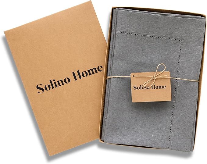 Solino Home Linen Cloth Napkins Set of 4-100% Pure Linen Steel Gray Dinner Napkins 20 x 20 Inch for Fall, Autumn - Classic Hemstitch, Handcrafted and Machine Washable