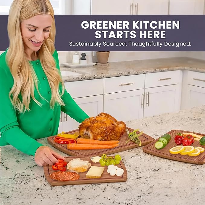 Organic Wooden Cutting Boards for Kitchen with Lifetime Replacements - 3pc Set Non Toxic Bamboo Chopping Board for Charcuterie, Meat, Vegetables and Fruits - Ideal Kitchen Gifts for Home Chefs