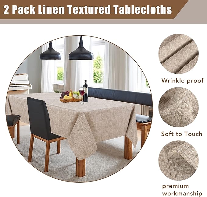 Fitable Linen Textured Tablecloths 2 Pack, Faux Burlap Rectangle Table Clothes for 6 Foot Tables, Rustic Table Covers for Buffet, Banquet, Kitchen Dining, Party, Farmhouse (Nature, 54 x 108 Inch)