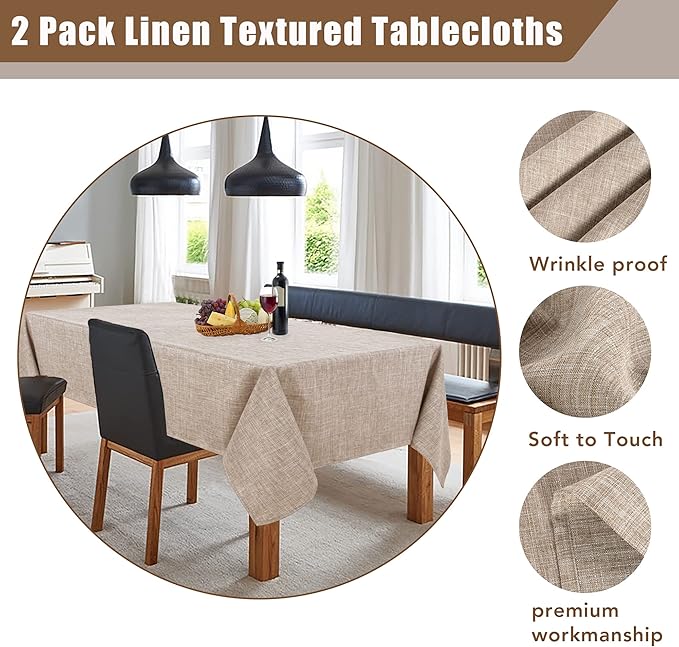 Fitable Faux Linen Tablecloths 2 Pack, Faux Burlap Fabric Table Clothes for Rectangle Tables, Rustic Table Covers for Kitchen Dining, Party, Farmhouse (Nature, 54 x 78 Inch)