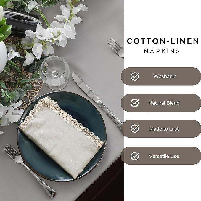Ramanta Home Natural Coth Dinner Napkin Set of 12 Premium Cotton 20X20 Inch Oversized Linen Flax Lace Soft & Durable Washable Ideal for Everyday Use Parties Thanksgiving Christmas Halloween