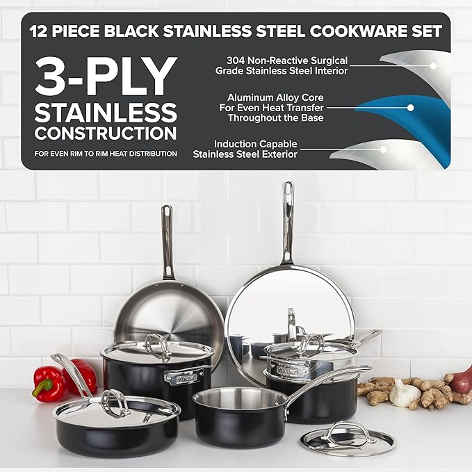 Viking 3-Ply Pots and Pans Set, 12 Piece Stainless Steel Kitchen Cookware Set with Lids, Dishwasher Safe, Induction Ready, Cast Black