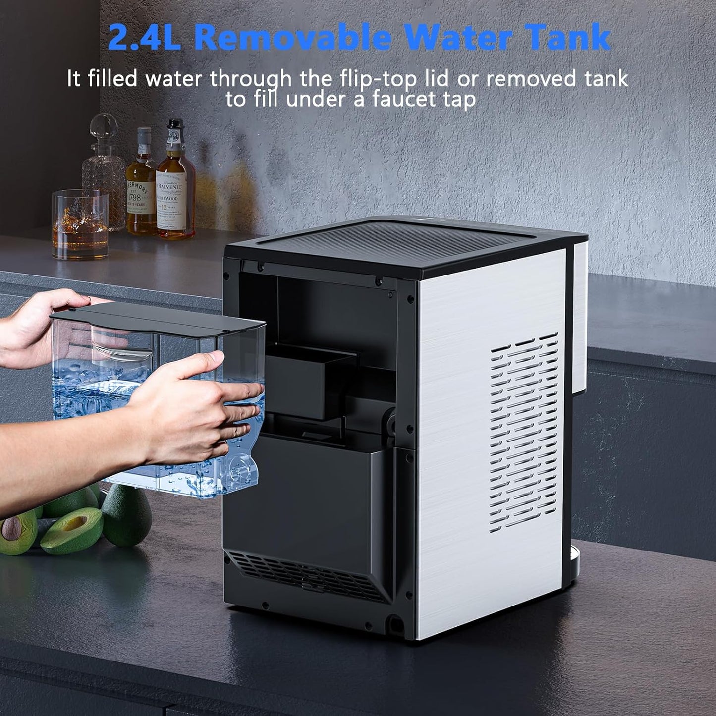 Nugget Ice Makers Countertop, Self-Dispensing Pellet Ice Maker, 44Lbs/24H, Portable Pebble Ice Maker Machine with Self-Cleaning, Soft Chewable Ice Makers for Home Kitchen Office, Silver