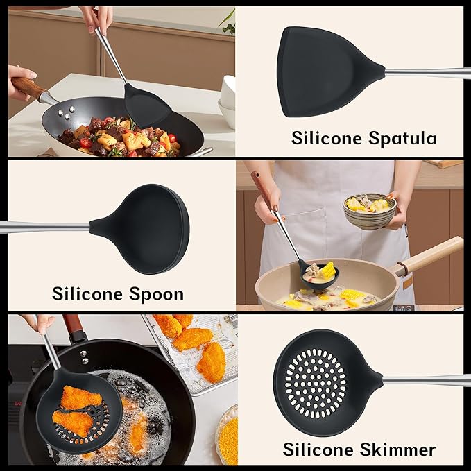 FJNATINH Silicone Spatula - Ladle - Skimmer Set - Wok Ladle Tool Set,Stainless Steel Non Stick Heat-Resistant Cooking Utensils BPA Free Kitchen Utensils Cookware Wooden Handle, Pack of 3