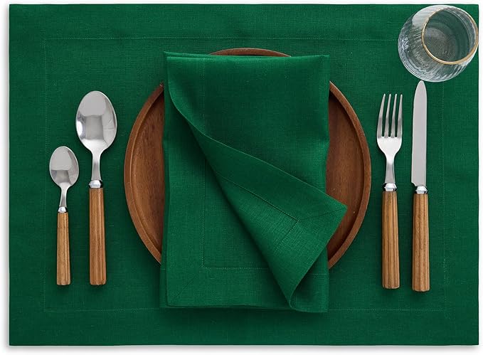 Solino Home Linen Napkins Set of 4-100% Pure Linen Christmas Green Dinner Napkins Cloth 20 x 20 Inch - Fete, Handcrafted and Machine Washable