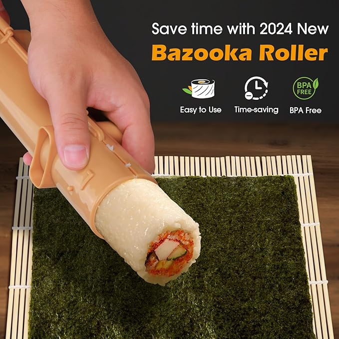 Sushi Making Kit,1 Bamboo Sushi Mat,1 Rice Bazooka, 5 Pairs of Chopsticks, 2 chopsticks holder,1 Paddle, 1 Spreader, ideal gift for Sushi making Beginner