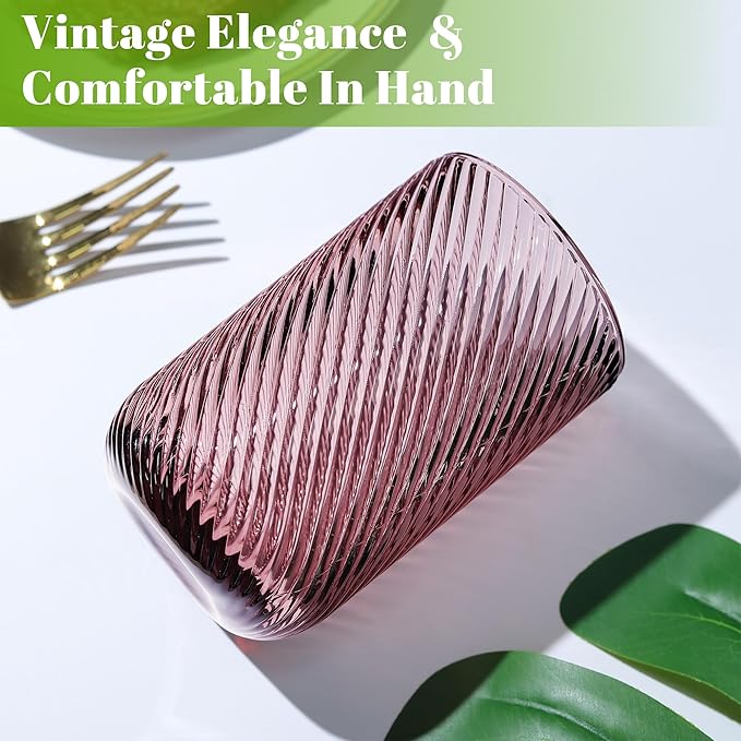 Joeyan Vintage Drinking Glasses,Ribbed Embossed Colored Highball Water Glasses Cups,Colorful Tumbler Glassware for Beverages Cocktail Whisky Beer Juice,14 oz,Set of 4,Dishwasher Safe