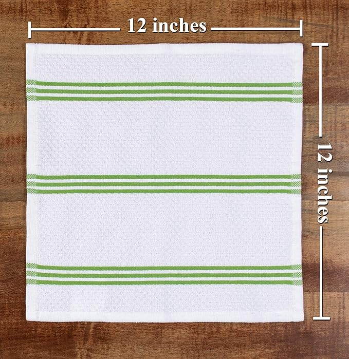 Sticky Toffee Cotton Dishcloths Set of 8 – Green and White Dish Towels 12x12 in, Reusable and Absorbent Tea Towels for Cleaning or Drying, Oeko-Tex Cotton