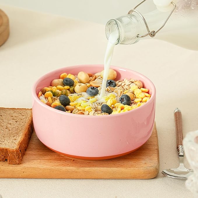 Stoneware Cereal Bowls Set of 4, 6 Inch Deep Bowl for Oatmeal, Soup, Ceramic Bowls Sets, Microwave Safe, Dishwasher Safe, Versatile for All Seasons, Pink