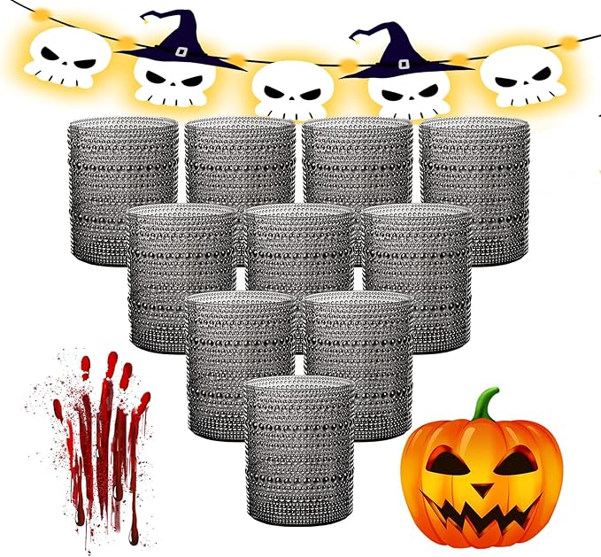 YOUBET 24PCS Plastic Drinking Glasses - 14OZ Black Hobnail Drinkware Glasses - Vintage Glassware Textured Beaded Cups for Water, Beer, Whiskey, Juice and Various Mixed Drinks, halloween