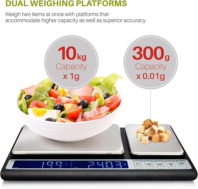 Smart Weigh Dual Platform Digital Kitchen Scale Stainless Steel Culinary Kitchen Scale 10 kilograms x 0.01 Grams High Precision Digital Food Scale Tare Function LCD w/Backlit for Baking Cooking Food