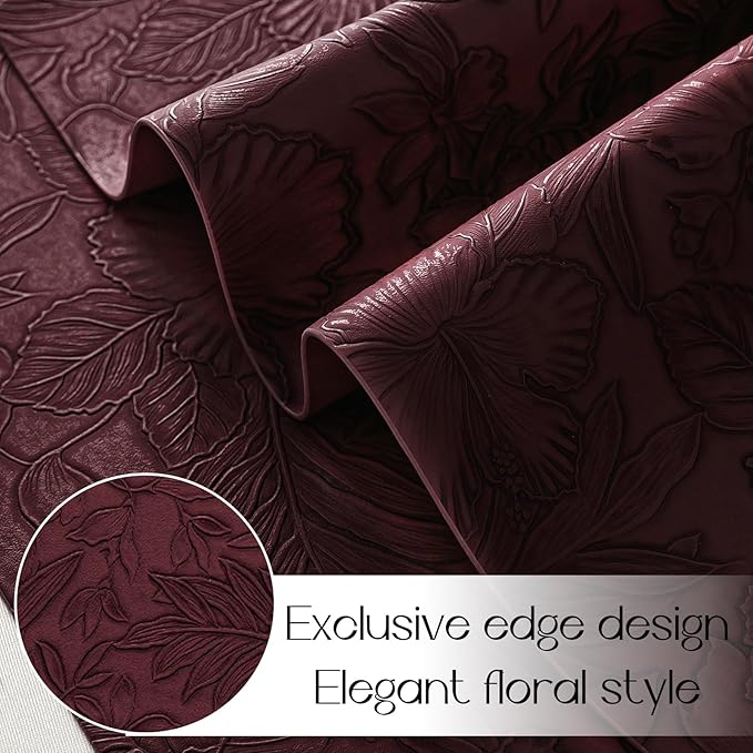 Romanstile Vinyl Placemats Set of 8-12 X 18 Inch - Heat Resistant Non-Slip Embossed Floral Place Mats 100% Waterproof Oilproof Wipeable Faux Leather Table Mats for Kitchen/Dining/Party, Burgundy