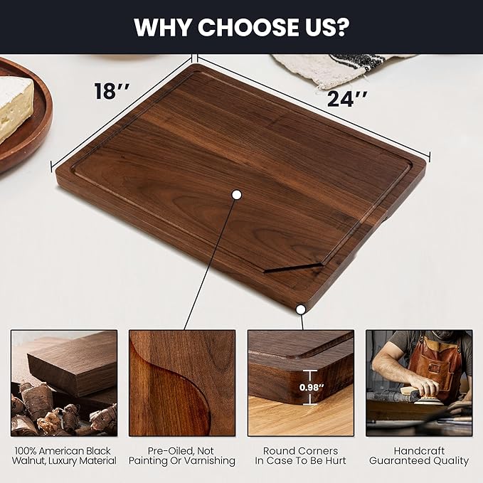 Walnut Wood Cutting Board for Kitchen with Deep Juice Groove & Side Handles, 24”L x 18”W x 1”H, Handcrafted North American Black Walnut Wood Grain, Extra Large Chopping Board, Reversible Butcher Block