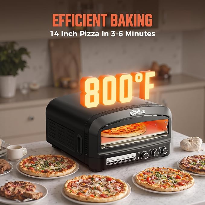 BIG HORN OUTDOORS Pizza Oven Indoor, 14" Electric Countertop Pizza Oven with 6 Modes, Heats up to 800°F Pizza Maker, Flip-Up Design Pizza Cooker for Home Kitchen, Restaurants, Parties