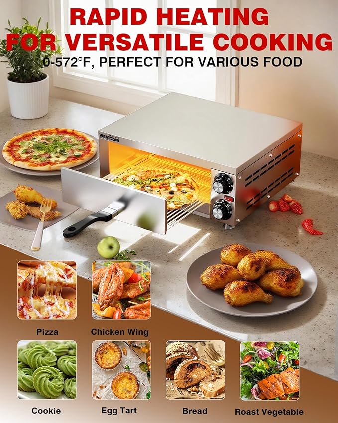 Wantjoin Pizza Oven Indoor - Electric Pizza Ovens Countertop Stainless Steel Commercial Pizza Maker Fits 12" Pizzas, With Timer Crumb Tray, 110W, For Home, Bars, Food Trucks