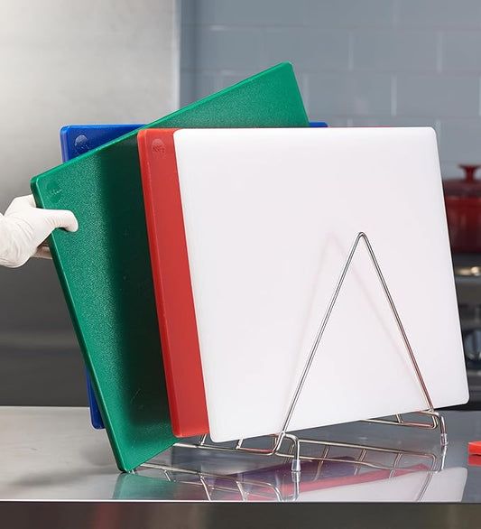 CURTA 4-Piece NSF 20" x 14" x 1/2" Multi-Colored Flexible Cutting Board Kit with Stainless steel Storage Rack, Color Coded Plastic Chopping Board with Anti Slip Surface Dishwasher Safe