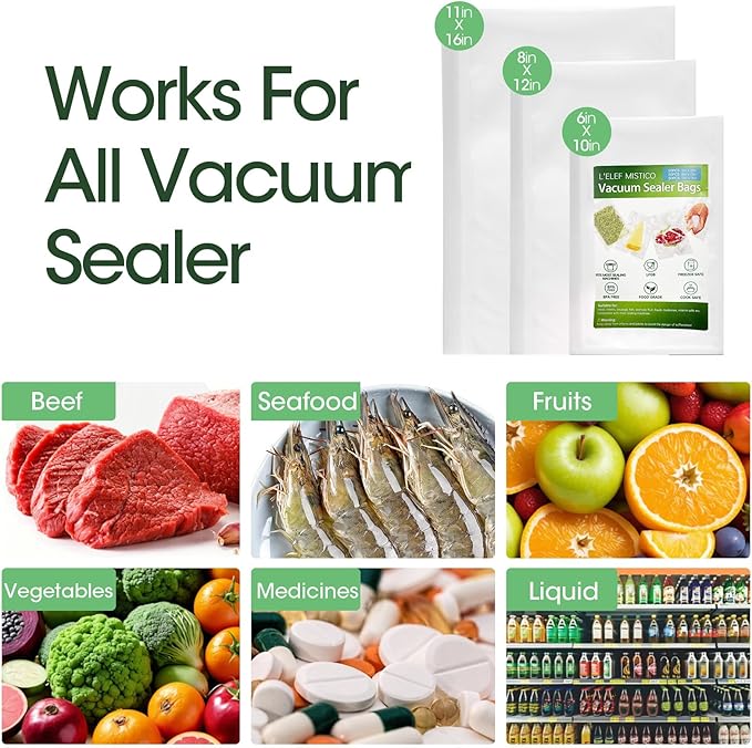 L'ELEF MISTICO Precut Vacuum Sealer Bags for Food, 50 Gallon 11" x 16" & 50 Quart 8" x 12" & 50 Pint 6" x 10" BPA Free Food Saver, Vacuum Storage for Sous Vide and Freezer