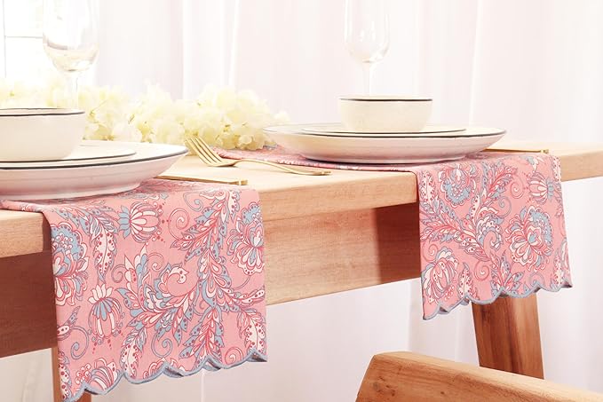 PurpleEssences Scalloped Embroidery Kalamkari Cloth Napkins Christmas Holiday Winter Table Decor 100% Cotton Set of 4-18 x 18 inch - Blush Pink Edges Light Blue