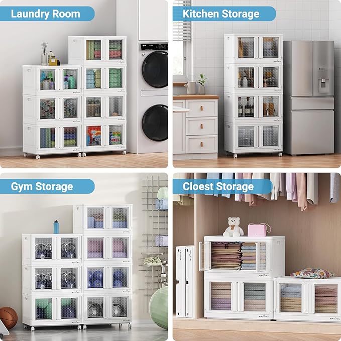 BROVIEW 300Qt Stackable Storage Bins with Lids, 75Gal Closet Organizers and Storage Drawer, Plastic Collapsible Storage Bins with Doors, Heavy Duty Store Box Cabinet for Home Kitchen, 3Pack White