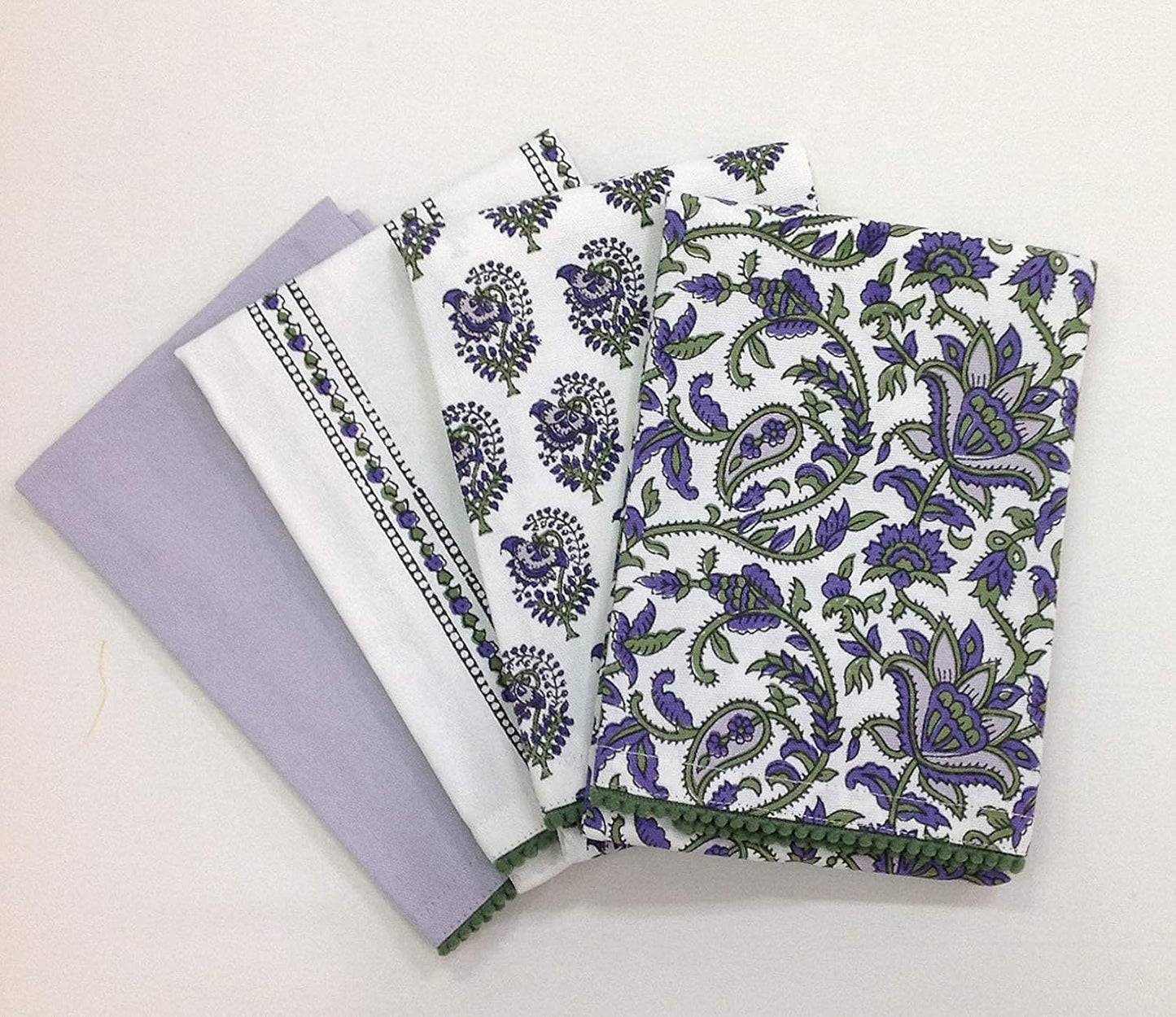 Printed Kitchen Dish Bar and Tea Towels Cotton, 18x28 inch with Trims, Cotton Dish Towel Sets (White & Purple, Set of 4)