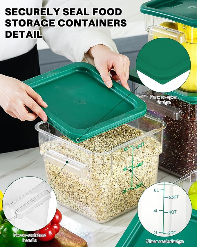 2QT4QT NSF Food Storage Containers: 8 PCS [Food Grade][Hot&Cold Resistant] Commercial Clear Square Food Storage Containers with Scales Handles for Home Restaurant Kitchen Proof Dough(BPA FREE-GREEN)