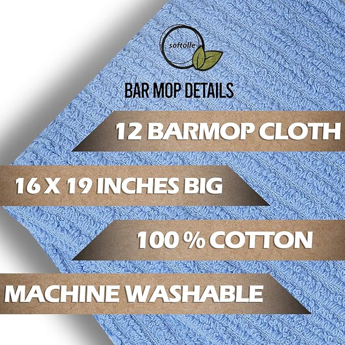Softolle Bar Mop Towels, Pack of 12-16x19 Inches - 100% Cotton Super Absorbent Towels, Multi-Purpose for Home and Bar Cleaning (Electric Blue)