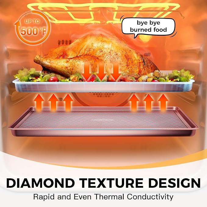 HONGBAKE Baking Sheet Pan Set, Cookie Sheets for Oven, Nonstick Half/Quarter/Jelly Roll Pans with Diamond Texture Pattern, Heavy Duty Cookie Tray, Pink