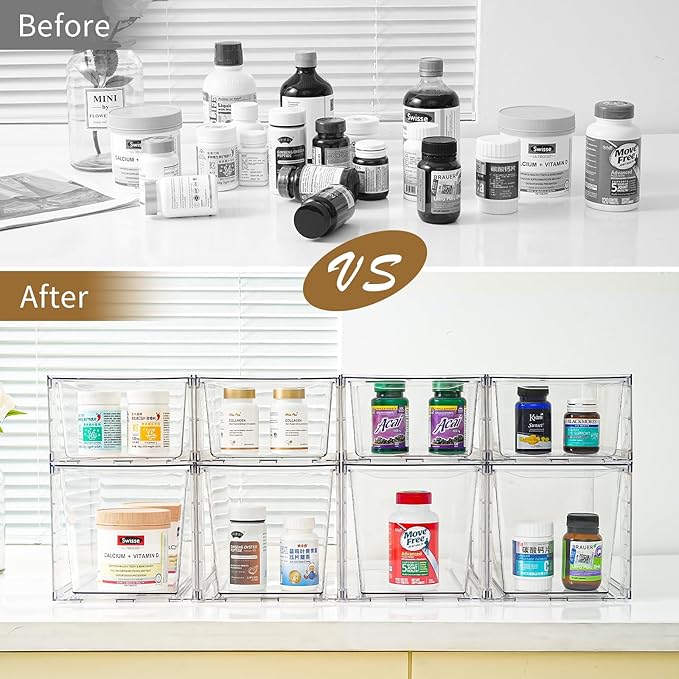 4Pack Stackable Kitchen Storage Organizer, Pantry Organizers and Storage, Clear Foods Organizer Bins with Handles, Easily Assemble for Bathroom, Kitchen, Pantry, Cabinet, Closet