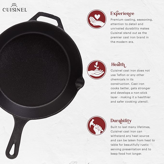 Cuisinel Pre-Seasoned Cast Iron Skillet (10-Inch) with Glass Lid and Handle Cover Oven Safe Cookware - Heat-Resistant Holder - Indoor and Outdoor Use - Grill, Stovetop, Induction Safe