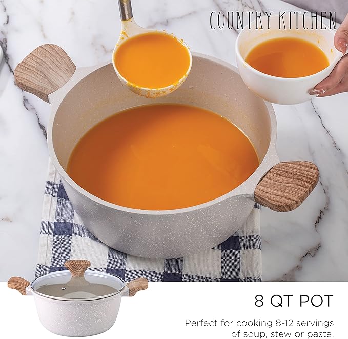 Country Kitchen Non-Stick Cast Aluminum Cookware Set - Durable Kitchen Cookware for Everyday Cooking, Speckled Cream, 6 Pc.