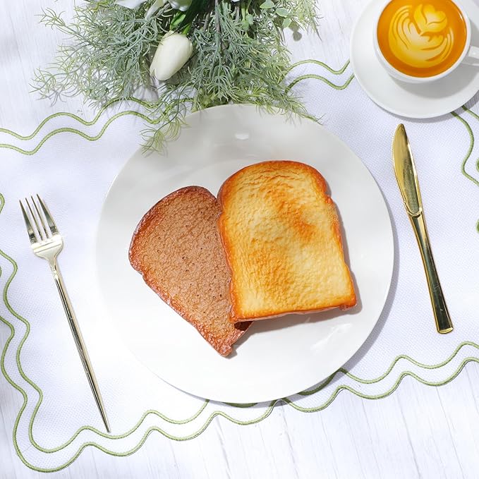 12 Set Linen Placemat 13x19 Wavy Embroidery Scalloped Placemat Double Layered Washable Farmhouse Dinner Table Mat Fabric Napkin for Christmas Hotel Restaurant Wedding Party(Grass Green)