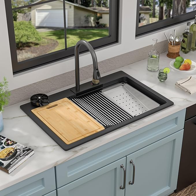 33"x22" Waterfall Kitchen Sink Workstation - Matte Black Granite Composite Quartz Classic Drop In Topmount Single Bowl Smart Waterfall Sink with Faucet Combo & Glass Rinser