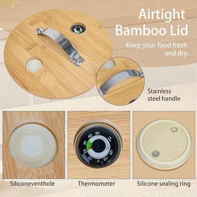 Rice Dispenser, Rice Storage Container, Flour and Cereal Container for Kitchen Organization and Pantry Store, Glass Cereal dispenser with Airtight Lid and Wooden Stand 8L