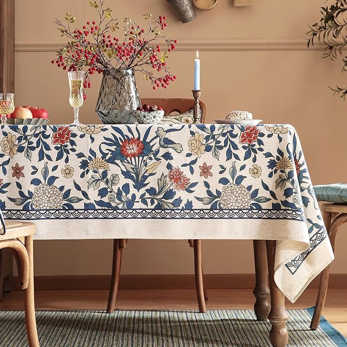 patdrea Designer Blue Tablecloth for Square Tables,Vintage Linen with Leaves and Flowers Pattern Tablecloths,Farmhouse Floral Table Cover Cloth Decor for Kitchen Dining Christmas,67"*67"