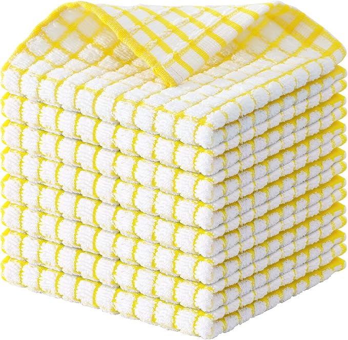 Kitinjoy Cotton 8 Pack Terry Kitchen Dish Cloths, 12 x 12 Inches Super Soft and Absorbent Dish Rags, Quick Drying Dish Towels for Washing Dishes, Yellow