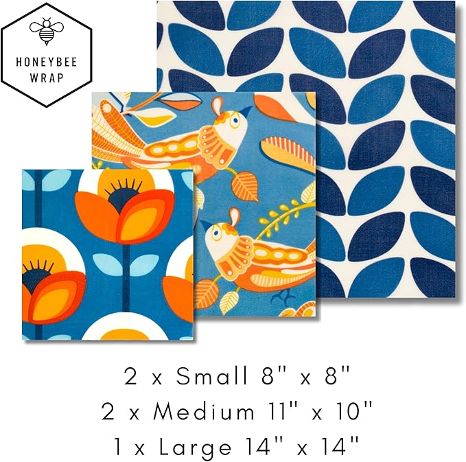 Honeybee Reusable Beeswax Wraps for Food | 5 Pack | Handmade in Australia | Eco Friendly, Organic, Biodegradable, Bee's Wrap for Bowl Covers and Food Storage | Reusable Cling Wrap