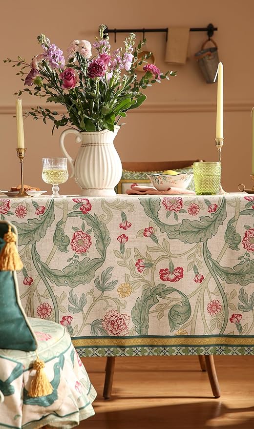 patdrea Designer Green Tablecloth for Rectangle Tables,Vintage Linen with Leaves and Flowers Pattern Tablecloths,Farmhouse Floral Table Cover Cloth Decor for Kitchen Dining Christmas,55"*79"