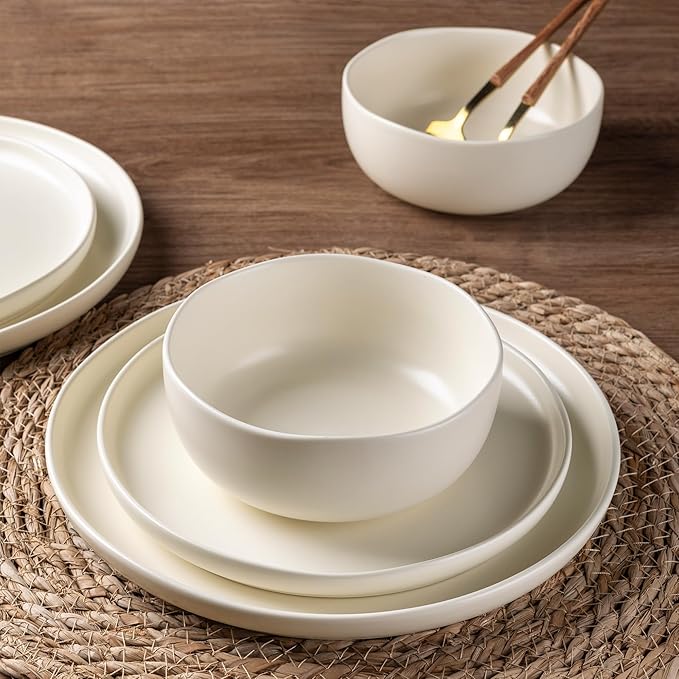 AmorArc Stoneware Dinnerware Sets, Wavy Rim Ceramic Plates and Bowls Sets, Highly Chip and Crack Resistant | Dishwasher & Microwave & Oven Safe Dishes set, Service for 4 (12pc)