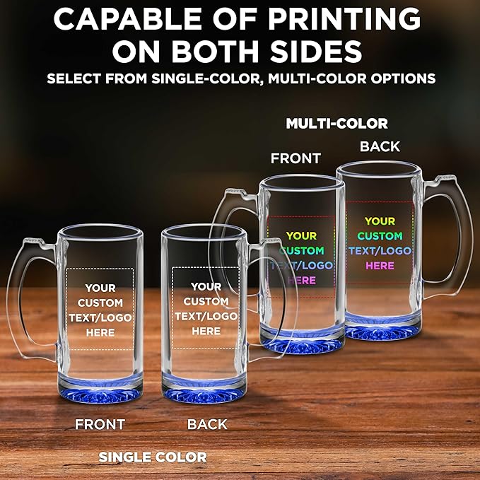 12 Libbey Beer Mugs Set, 12 oz. - Customizable Text, Logo - Groomsmen Glassware - Blue