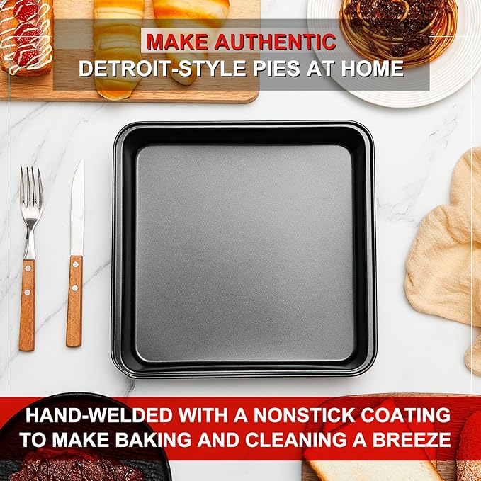 3 Pcs Detroit Style Pizza Pan 10 x 10 x 1.8 Inch Non Stick Rectangle Deep Pizza Pans Pre Seasoned Carbon Steel Sicilian Style Pan Dish Bakeware Kitchenware