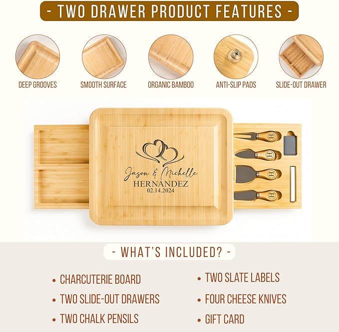 Personalized Bamboo Charcuterie Board Set with Accessories – Large Serving Tray with Knives & Smooth Surface for Cutting or Serving, Present for Wedding, Christmas, Anniversary, Housewarming Gift