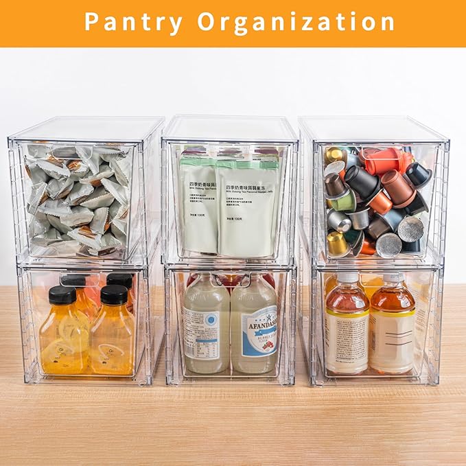 1Pack Large Stackable Kitchen Storage Drawers, Clear Foods Organizer Bins with Handles, Easily Assemble for Bathroom, Kitchen, Pantry, Cabinet, Closet(XL-UP Handle)