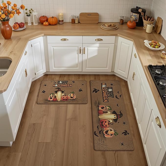GENIMO Halloween Decorations - Kitchen Mats for Floor, 2PCS Kitchen Rugs, Cushioned Anti Fatigue Mat for Home Decor, Waterproof Non-Slip Comfort Standing Mat for Laundry, 17.3"x47"+17.3"x30", Brown