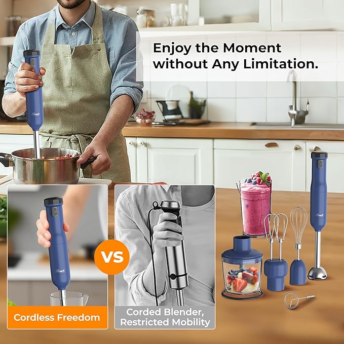 Rosewill 6-in-1 Multi-Speed Cordless Rechargeable Immersion Hand Blender, Heavy Duty Motor - Stick Blender, Beaker, Whisk, Chopper, Dual Beater, Milk Frother - For Smoothies, Baby Food, Soup (Blue)